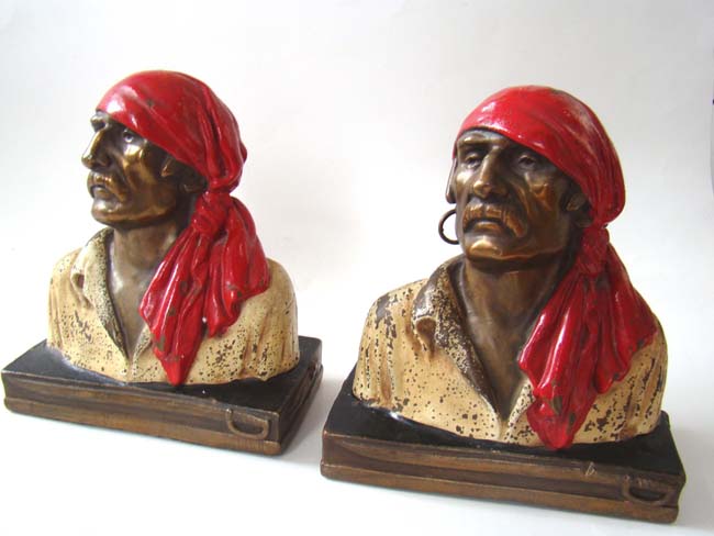 Buccaneer bookends designed by Paul Herzel and made by the Armor Bronze Co. in 1928